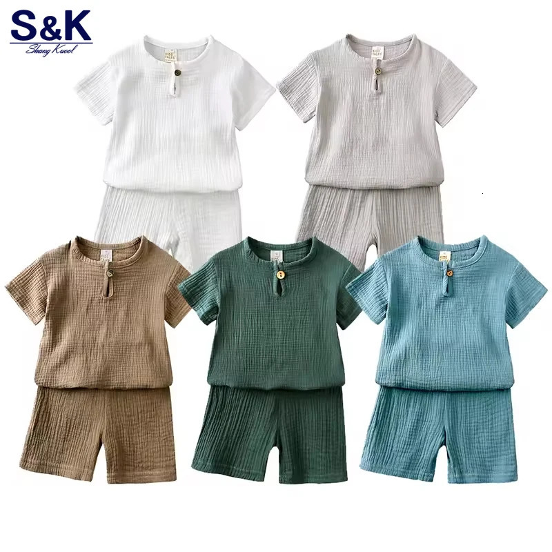 07years Summer Childrens Clothing Set Boys Girls Cotton Linen Suits Baby Loungewear Outfit Tshirt Tops Shorts 2pcs 260507