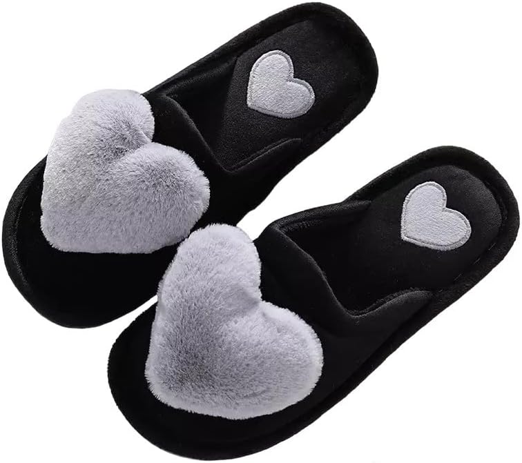 Women's Heart Love Fuzzy Slippers - Black Slide-On, Fluffy Comfortable Indoor Cozy Slippers-image-1105182187