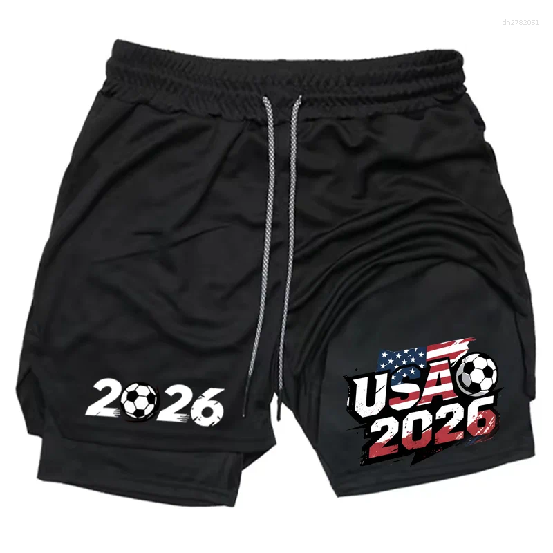 Men's Shorts 2-in-1 Double Layer Gym USA 2026 Soccer Print Quick Dry Workout Running With Pockets WX130