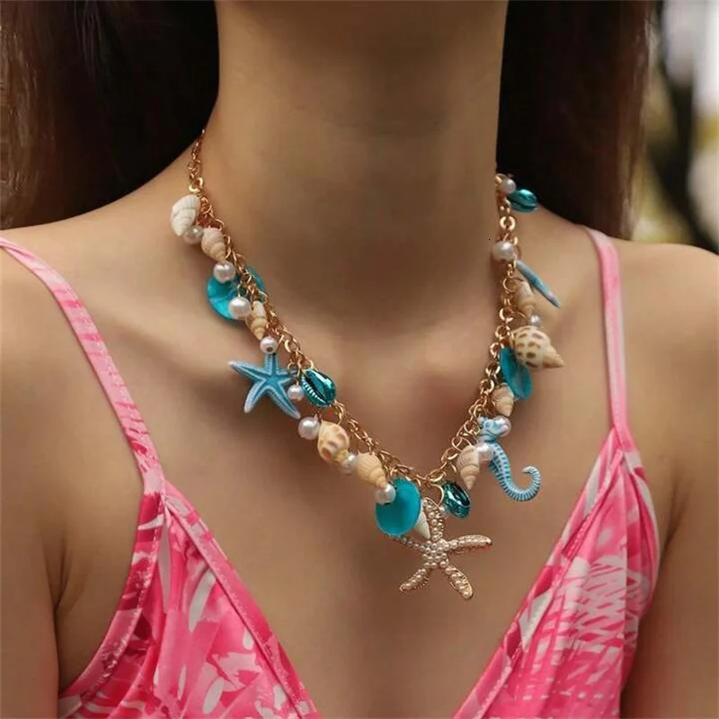 Exaggerated Big Starfish Conch Pendant Necklace Vacation Ocean Style Shell Pearl Choker Necklaces for Women Beach Party Jewelry 260506