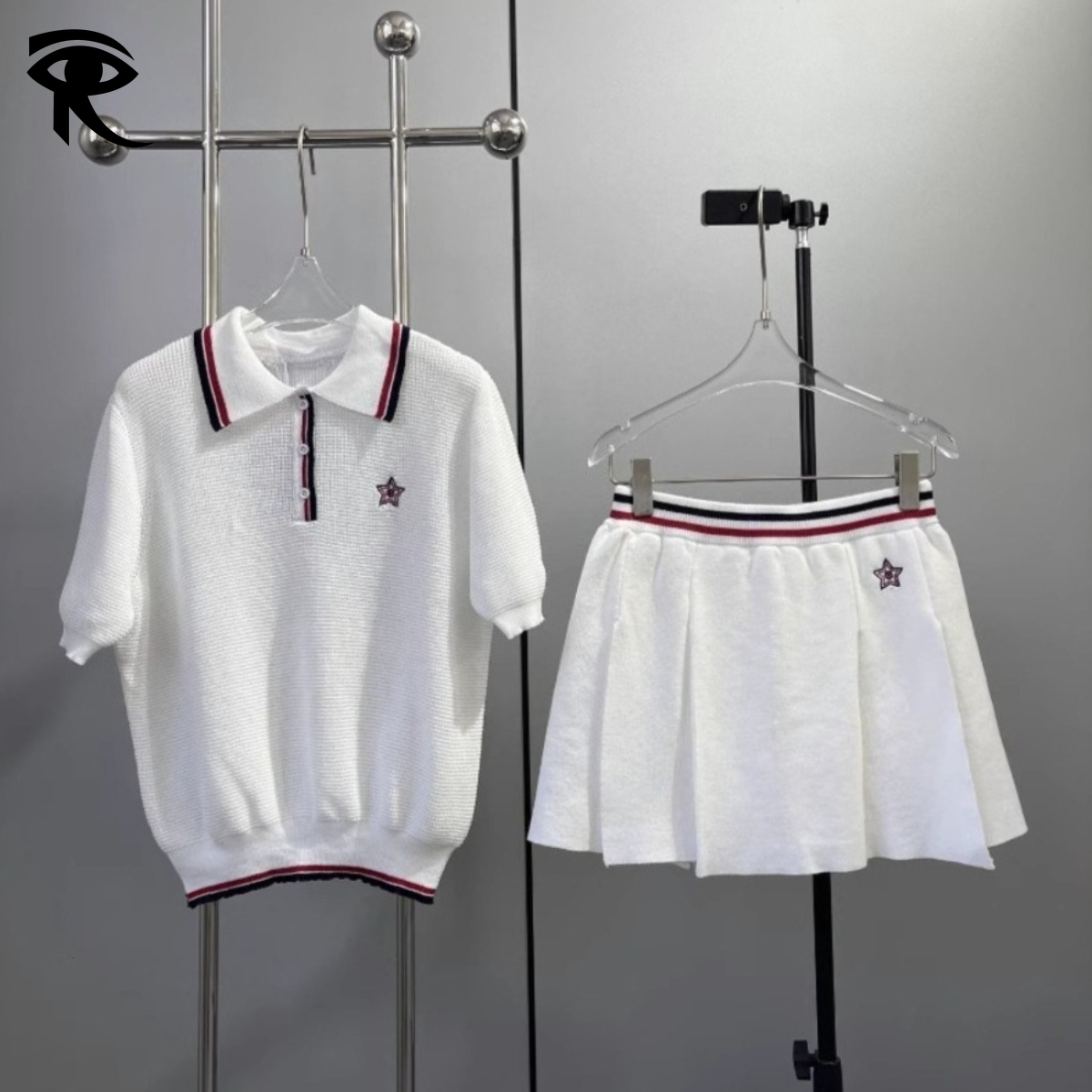Jupe à manches courtes et col polo en tricot gaufré Tenue de tennis Femme Ensemble athlétique en coton Preppy Active Girl Sportswear Jupe de tenn