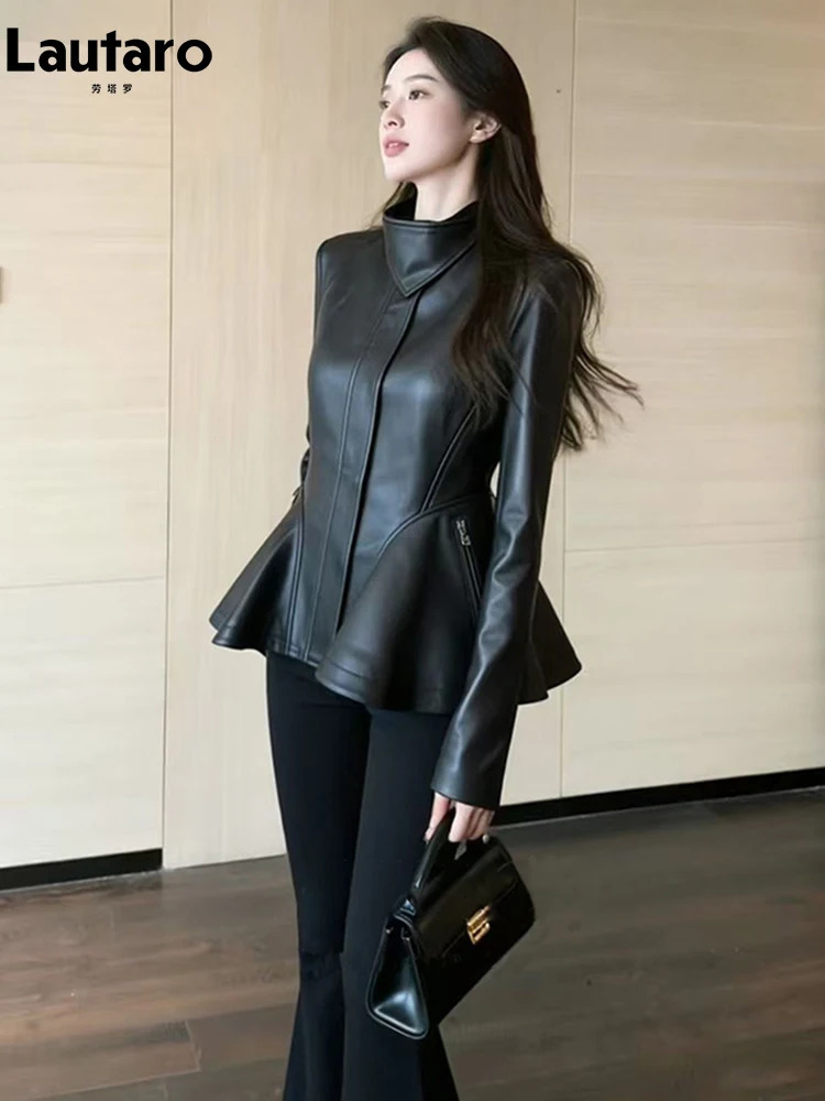 Lautaro Spring Autumn Cool Black Retro Soft Pu Leather Jackets for Women Zipper Stand Collar Elegant Clothes 260430