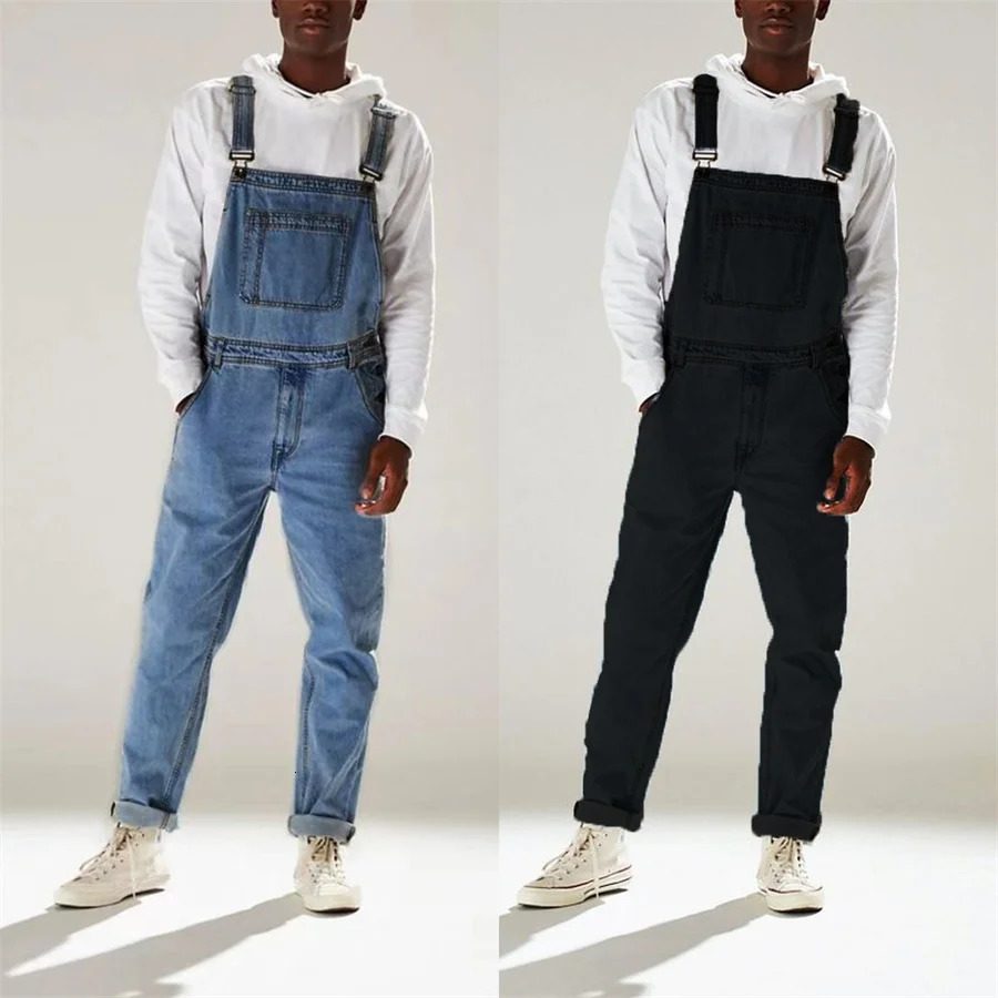 Streetwear Mens Solid Color Multi-pocket Denim Jeans Bib Overalls Daily Denim Jumpsuit One-piece Male Suspender Long Pants 260506