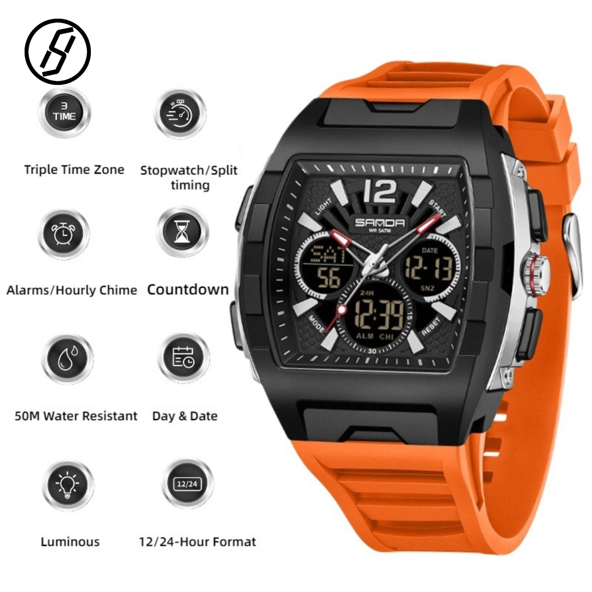 2026 Analog-Digital Dual Display Tonneau Sports Watch Outdoor Hiking Waterproof Countdown New Trendy Electronic Watch Original Design Watch Wholesal