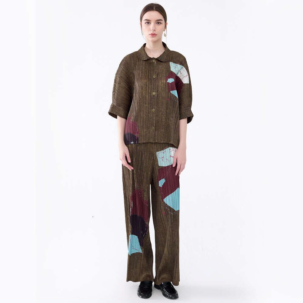 Women's Suit Sets 2026 Summer New Denim-Style Printed Short-Sleeve Cardigan Top And Straight-Leg Pants Two-Piece Set For Women