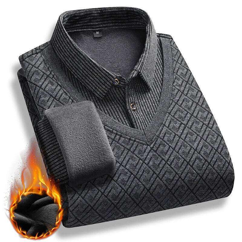 Winter Warm Thick Pullovers Men Polo Neck Fake Two Pieces Fashion Casual Striped Fleece Lined Jumper Designer Fashion Knitting Sweaters