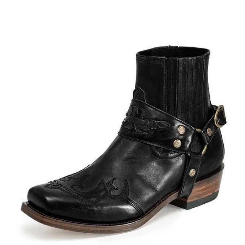 Mens Black Leather Western Cowboy Ankle Boots With Harness Strap