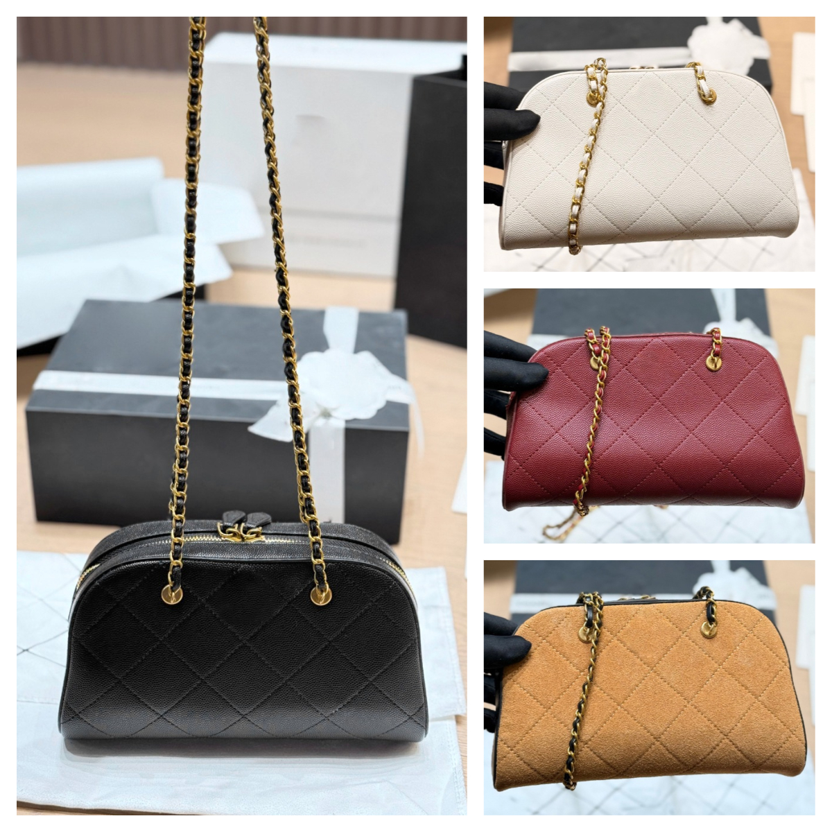 Luxury Caviar Leather Chain Shell bag Designer Quilted Bowling Bag Gold Chain Mini Shoulder Crossbody Bag Fashion Daily Commute Bag for Women Cosmet