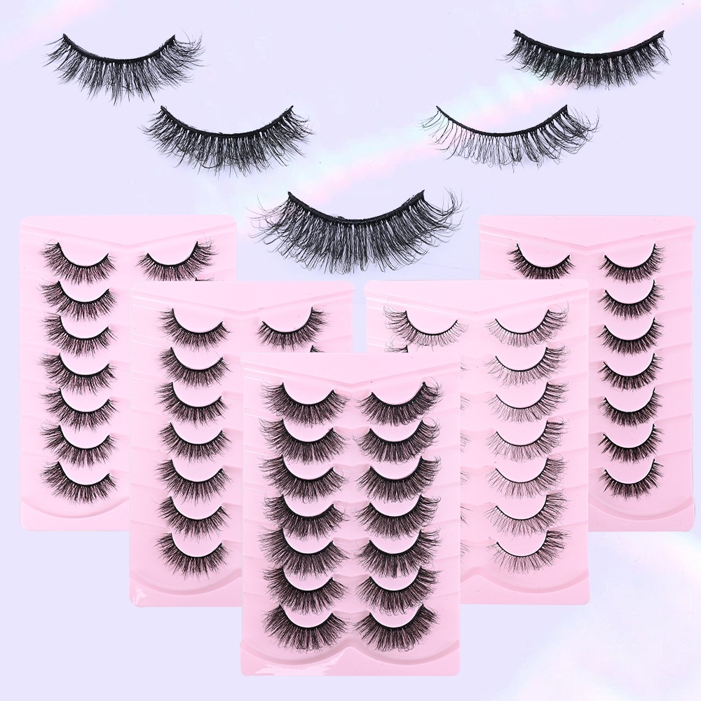 Fluffy Volume Fake Lashes Strip - 7 Pairs 3D Faux Mink Eyelashes Natural Look with Wispy Finish, Handmade Reusable Eyelash Extensions Easy Applic-image-1105062073