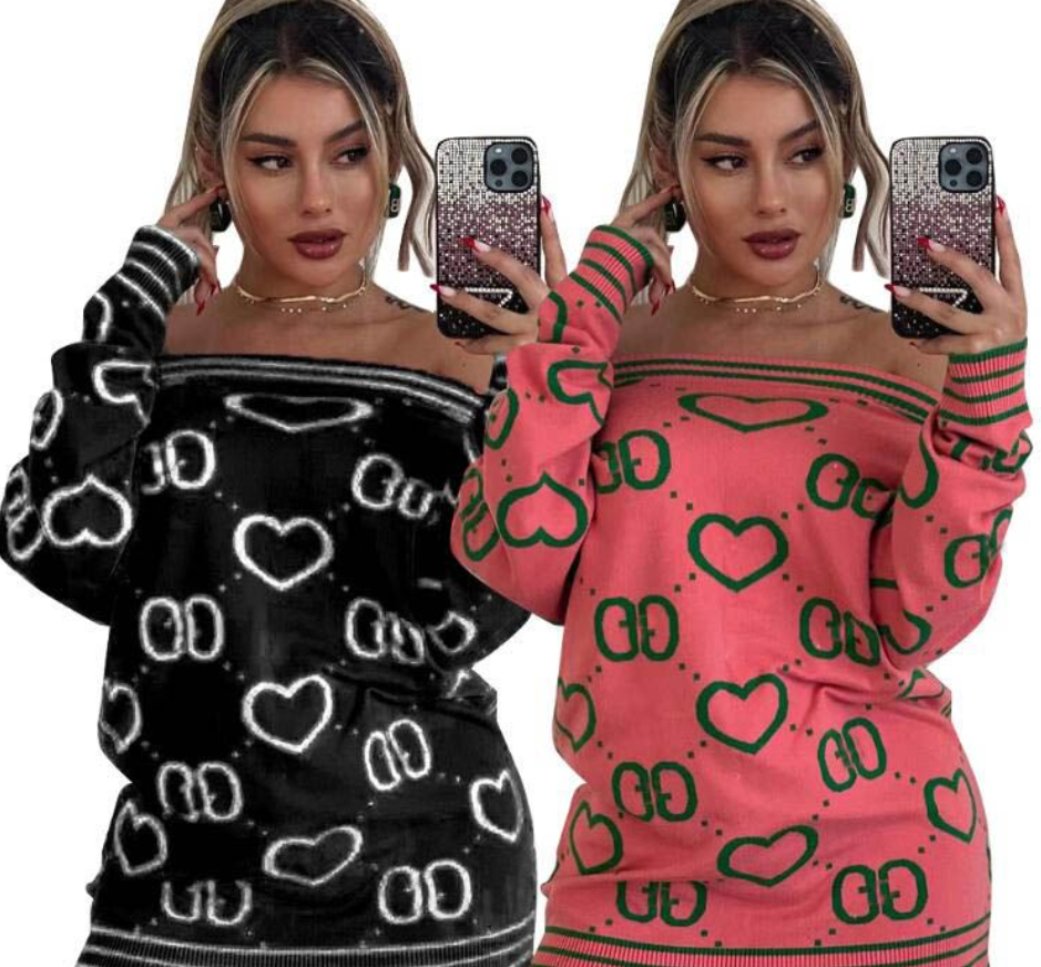 women's Casual sweater dress designer long sleeved sexy one shoulder sweaters jumpsuit black pink short skirts