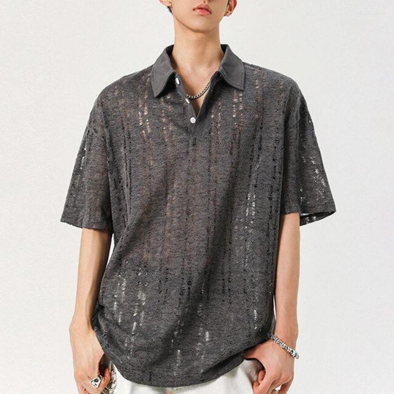 Men's Polos Summer Solid Color Knitted Hollow Short-Sleeved Shirt Retro Fashion Trend Casual Simple Loose Breathable Tops
