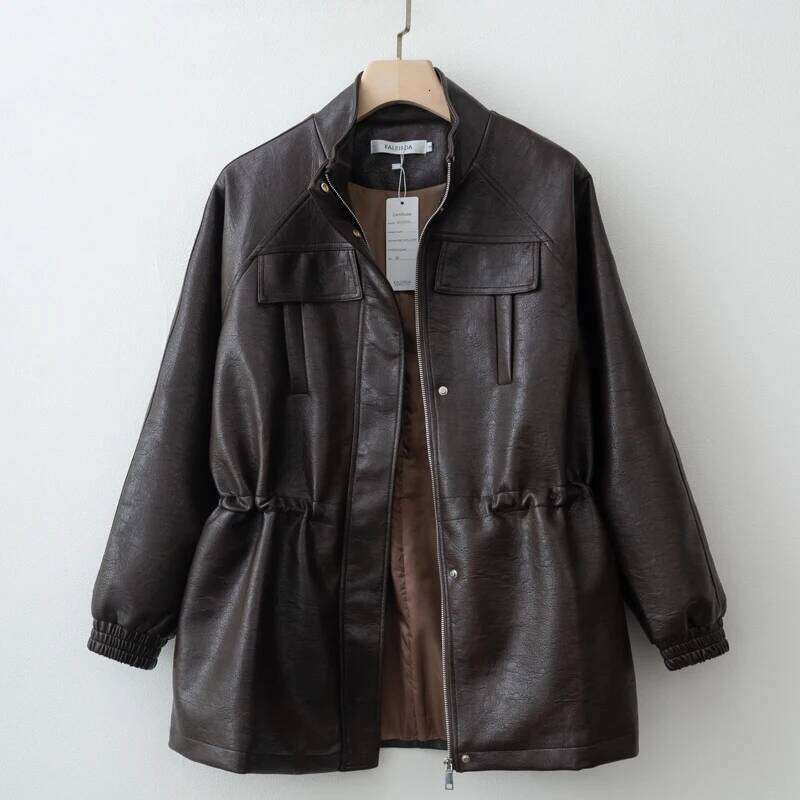 Women Fashion Fall / Autumn Pu Leather Jacket With Elastic Adjustable Waist Female Coat And Outerwear Mdng260508