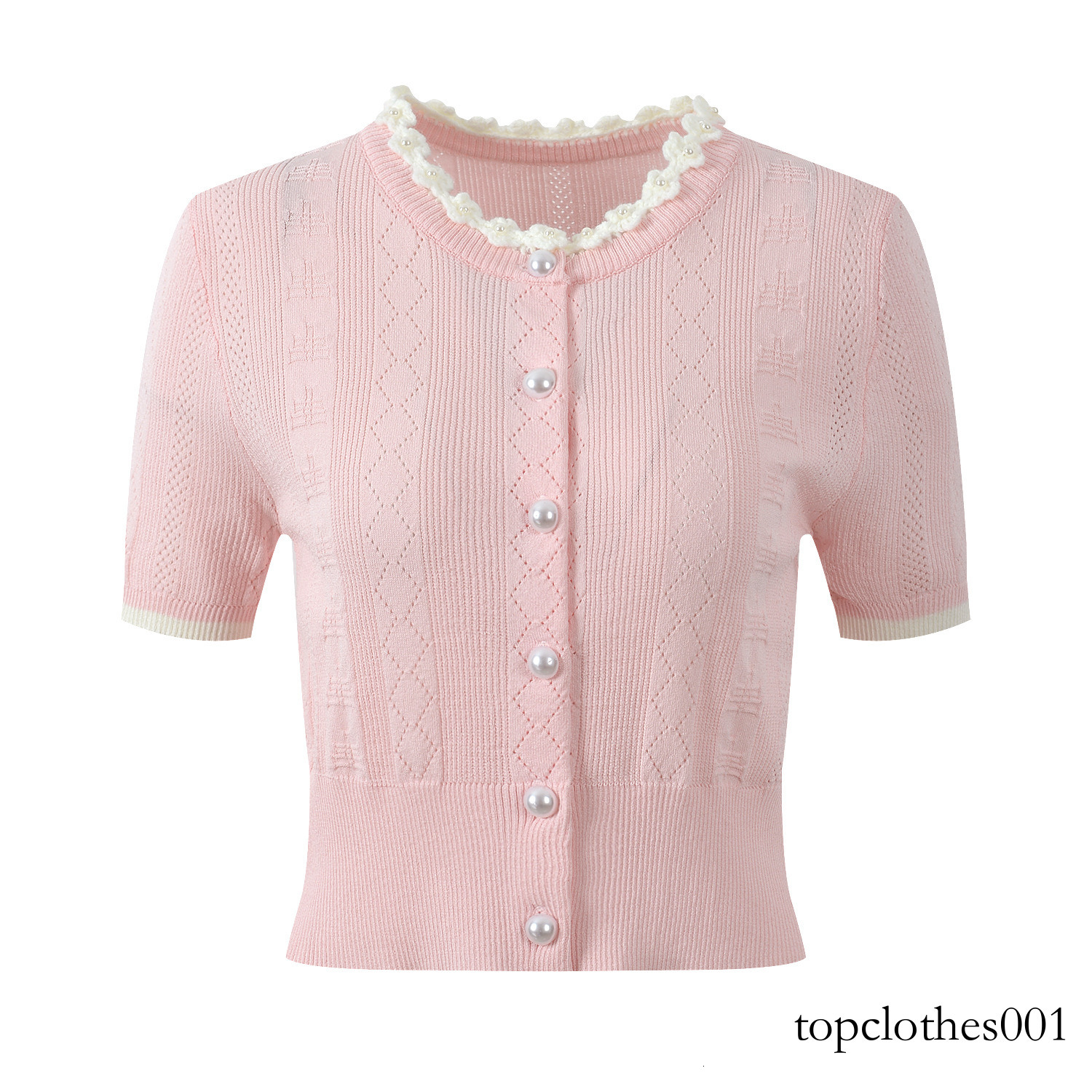 2026 Summer New Fashionable and Elegant Pearl Lace Collar Hollow Single-Breasted Versatile Knit Short-Sleeve Cardigan Top