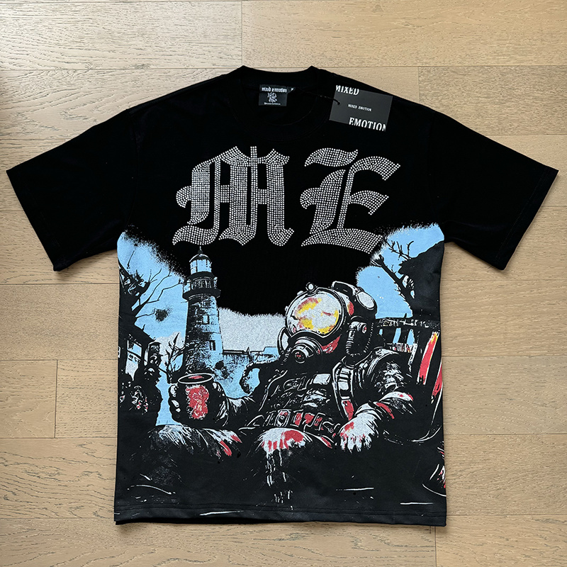 Men's T Shirts MIXED EMOTION 25ss Shirt Vintage Diamond EMOTIONS NEVER DIE Black Logo Top Tees Rhinestone High Street Short Sleeved T-shirts US