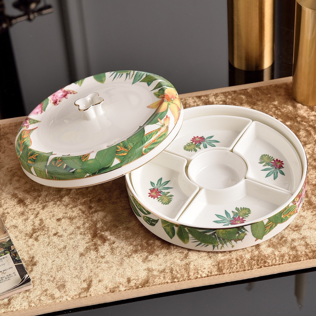 Tropical Rainforest Series High-grade Bone Porcelain Dried Fruit Plate Living Room Dining Table Ceramic Split Candy Dim Sum Plate with Cover Dust-image-1105103903