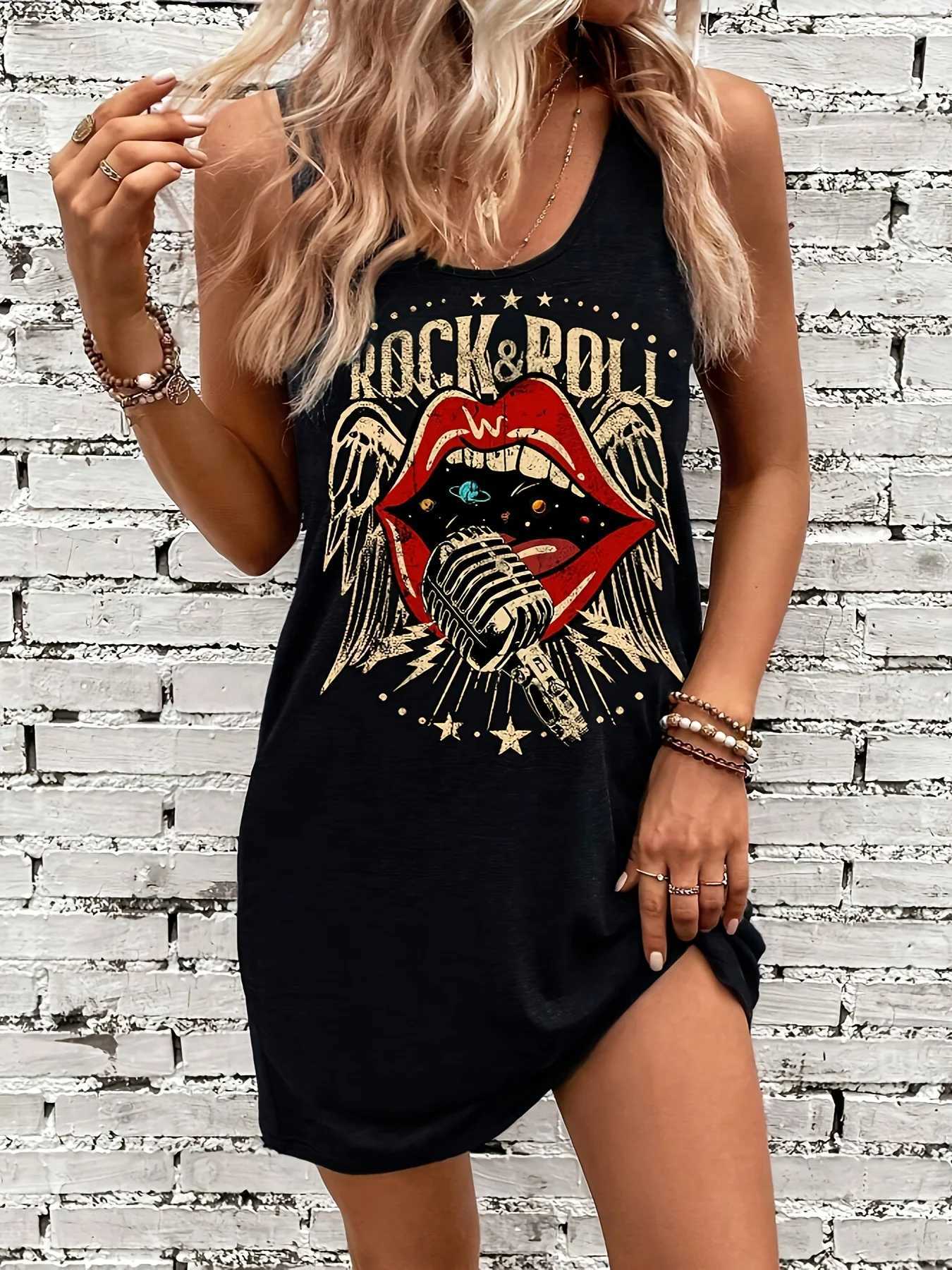 Womens Black Slp Tank Dress Red Lips Womens Black Tank Top Dress Summer Slveless Loose and Comfortable Soft Vacation Punk L260508
