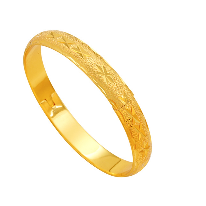 9mm Wide Star Carved Buckle Bangle 24k Gold Plated Classic Style Solid Bangle Bracelet for Women Girls Diameter 6cm