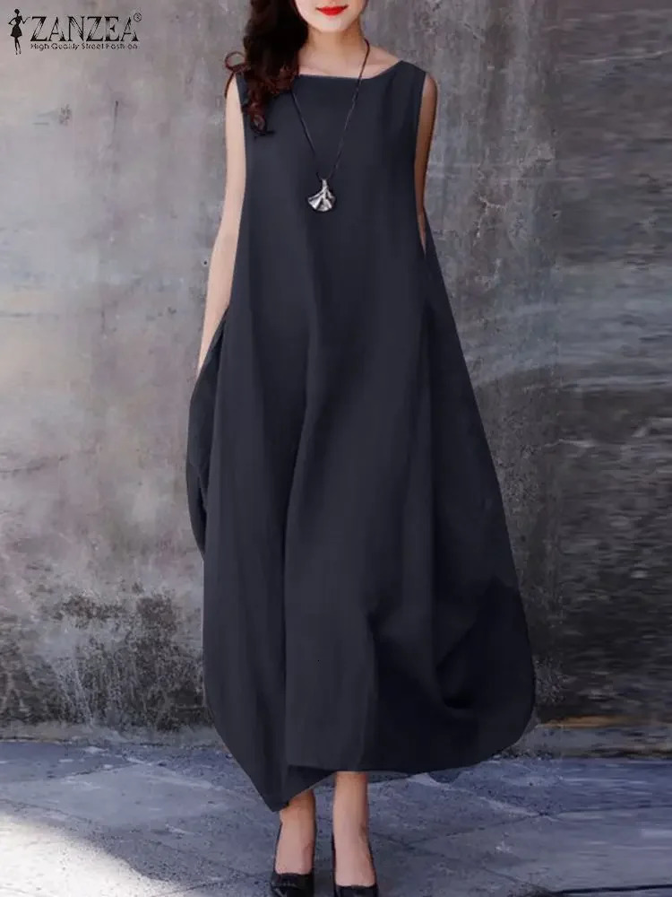 ZANZEA 2024 Fashion Summer Dres Holiday Oversized Maxi Dresses Casual Loose Solid Cotton Vestidos Sleeveless O Neck Robe 260430