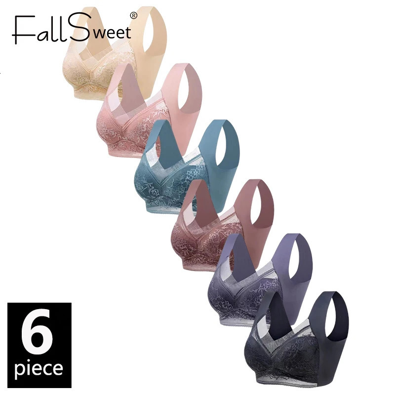 FallSweet 6PCS Ice Silk Lace Bras for Women Wireless Push Up Bralette Deep V Plus Size Brassiere Soft Lingerie Mom Underwear 260506