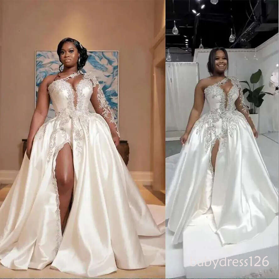 Sexy Bg A E Wedding Sier Crystal Beads One Shoulder Illusion Long Sleeves Side Split Overskirts Satin Ball Gown Bridal Dresses Custom