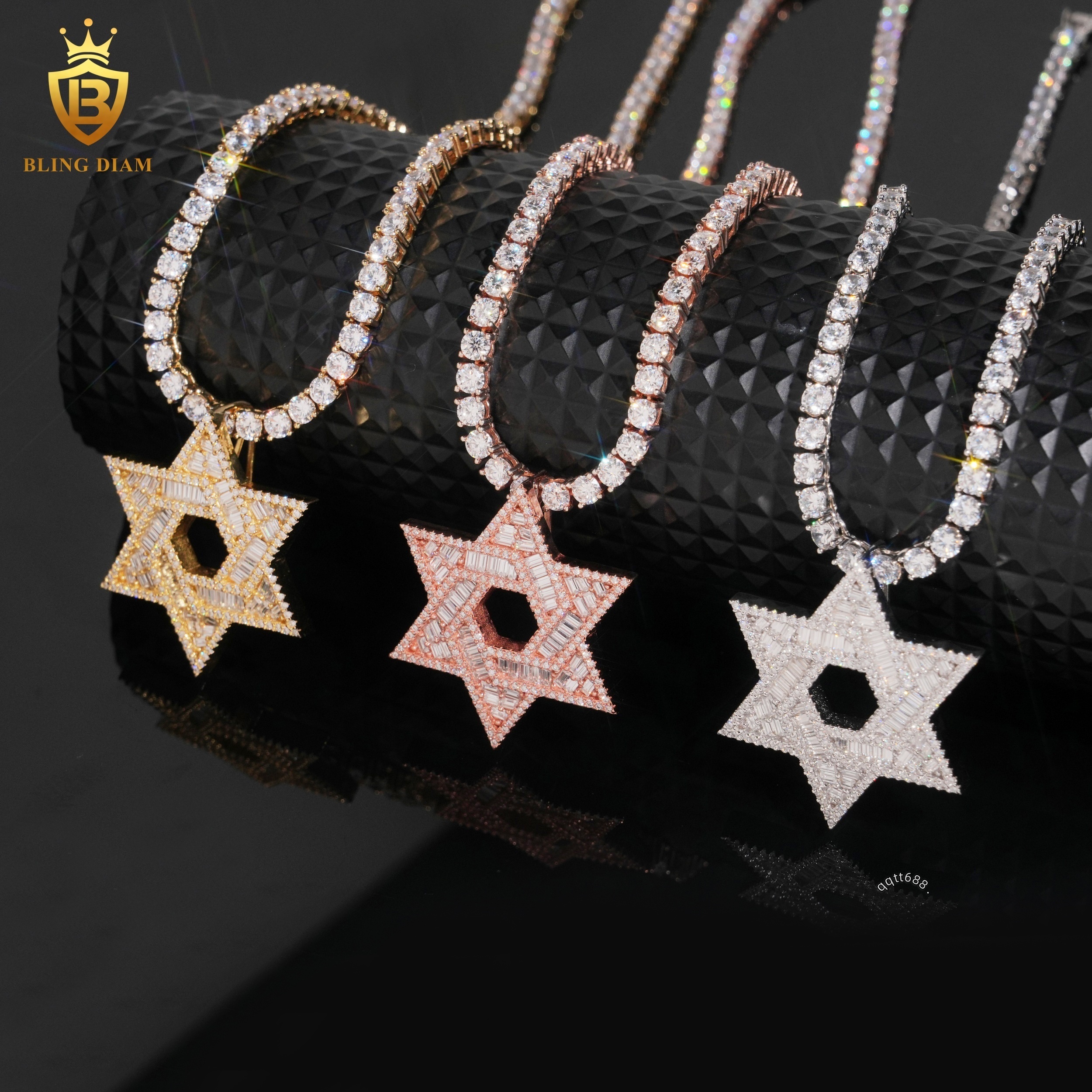925 Silver Iced Out Hexagram Pendant Moissanite Necklace Baguette Cut Moissanite Pendant GRA Certified Fashion Pendants Charms