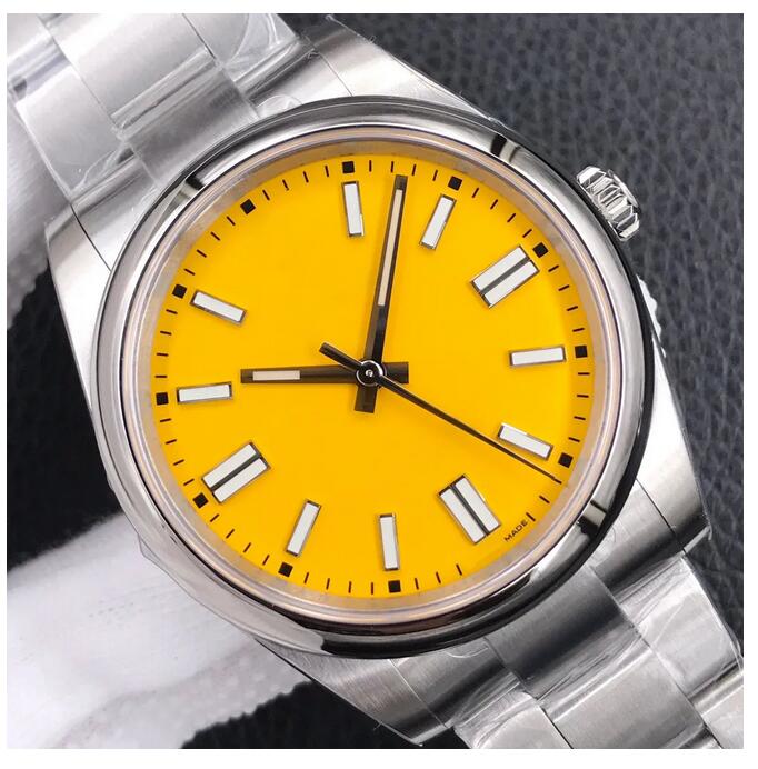 Men's automatic mechanical watch, 41mm diameter dial, bright yellow dial, luminous hour markers, stainless steel bracelet.
