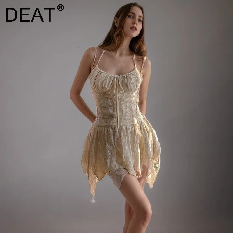 DEAT Fashion Velvet Lace Up Jacquard Spaghetti Strap Dress Womens Slim Fit Mini Irregular Dresses Summer 260508