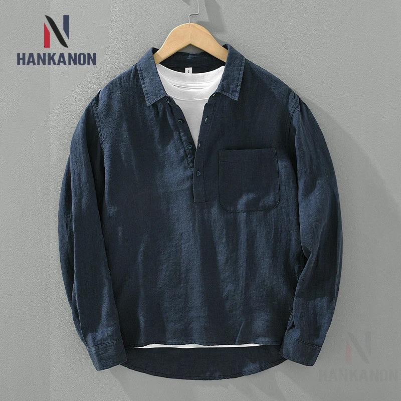 100 Linen Loose Square Collar Long Sleeve Shirt Mens Pullover Leisure Stone Washed Top Outdoor Camping Natural Fabric 260508