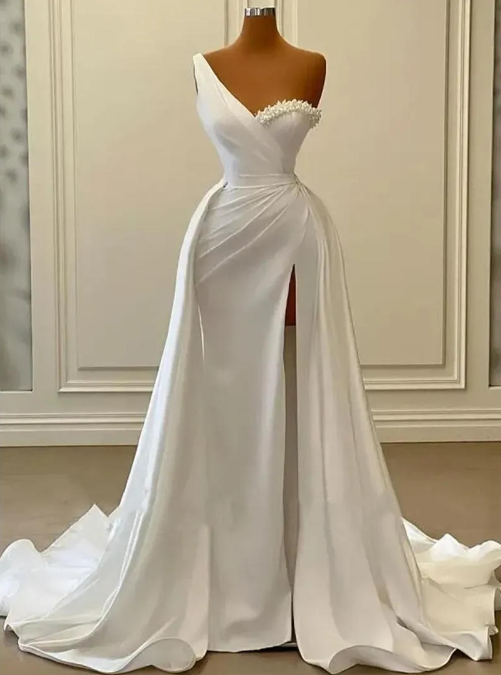 Arabic White ivory One Shoulder Wedding Dresses pleated Satin high side Split Pearls Beading Bridal Gowns Pleats Robe de soiree Vestido Novia