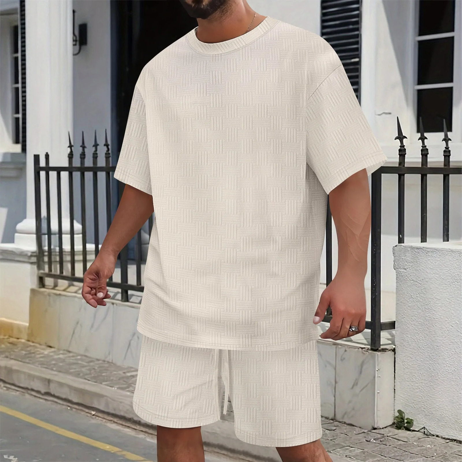 2025 summer mens suit leisure solid color jacquard round neck fashion all-match short-sleeved T-shirt drawstring shorts set 260507