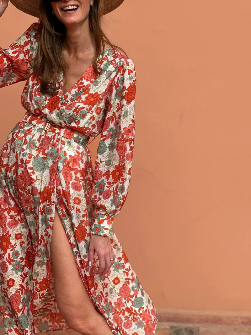 Womens Sexy & Club Floral Chiffon Maxi Dress, Long Sleeve V-Neck A-Line with Waist Belted Detail - Floor-Length 260507