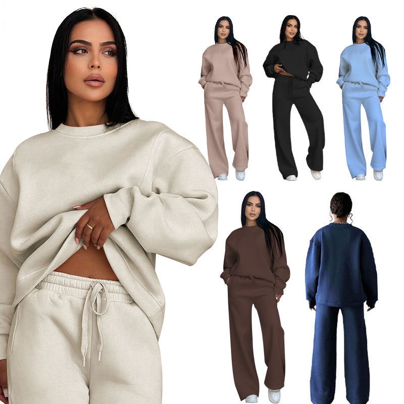 211470 Autumn and Winter Solid Color Round Neck Long Sleeve Loose Womens Fashion Casual Wide Leg Pants Set260508