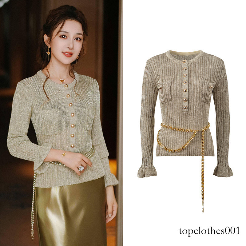 2025 Autumn Winter New Fashion Temperament Sweater Pullover Women Elegant Flared sleeve O-Neck Slim Knit Tops With Chain Ladies