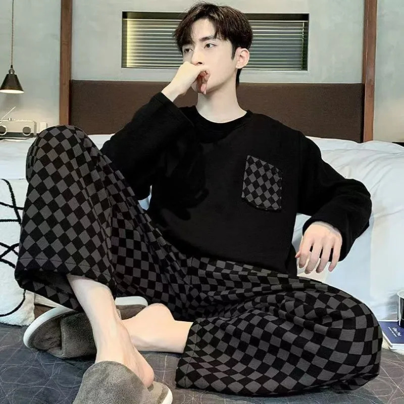 Fall and Winter Plus Size Mens Pajamas Set Cartoon Letter Pullover Long Sleeve Loose Black Plaid Striped Nightwear Homewear 260506