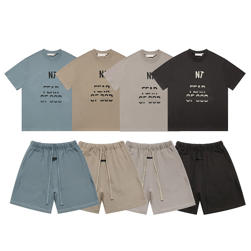Essential Shorts Tshirt Mens Designer Clothes Casual Sets Summer Fashion Men Outfit Cotton Unisex Simple Design Solid Color Black Blue Khaki LightGr