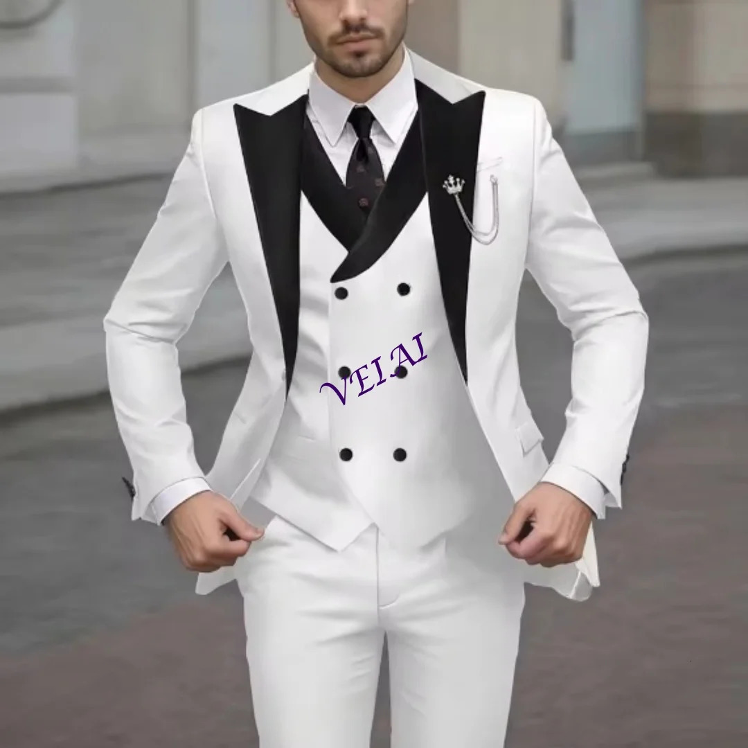 CustomizedBlack Collar White Men Suit Wedding Party Formal Groom Groomsman Prom Business Male Tuxedos 3 Piece Set Jacket Vest Pa 260508