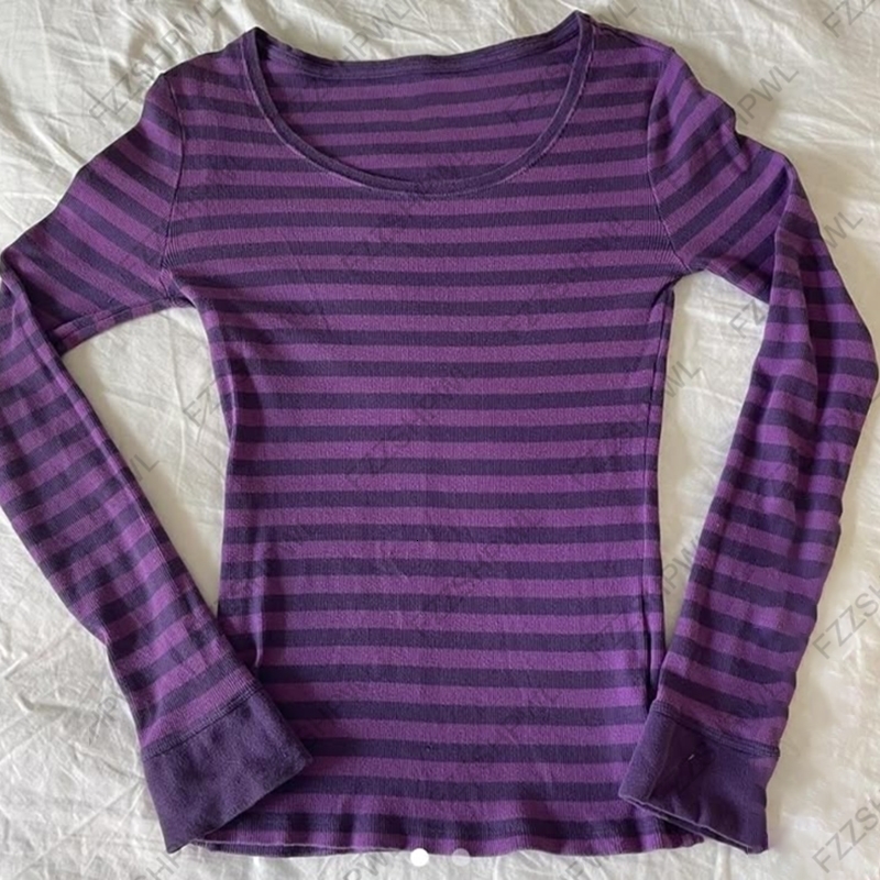 Solid Striped Slim Long Sleeve Tees Women Spring Casual Cotton O-neck Tshirt Tops Clothes Sweet Cute Vintage T-shirt Y2K 260422BJ