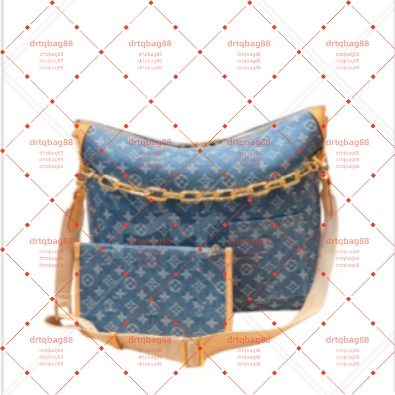 Designer brand women's washed blue denim fabric classic Monogram floral print. Retro metal chain and rivet decoration. Large capacity shopping