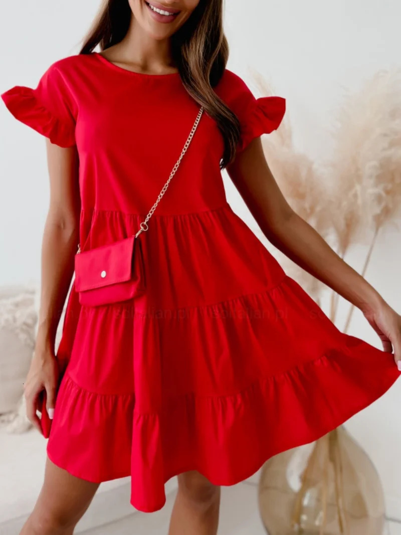 Fashion Women Summer Solid Color ALine Dress Patchwork n ONeck Flare Short Sleeve Loose Waist Pullovers Mini 260507