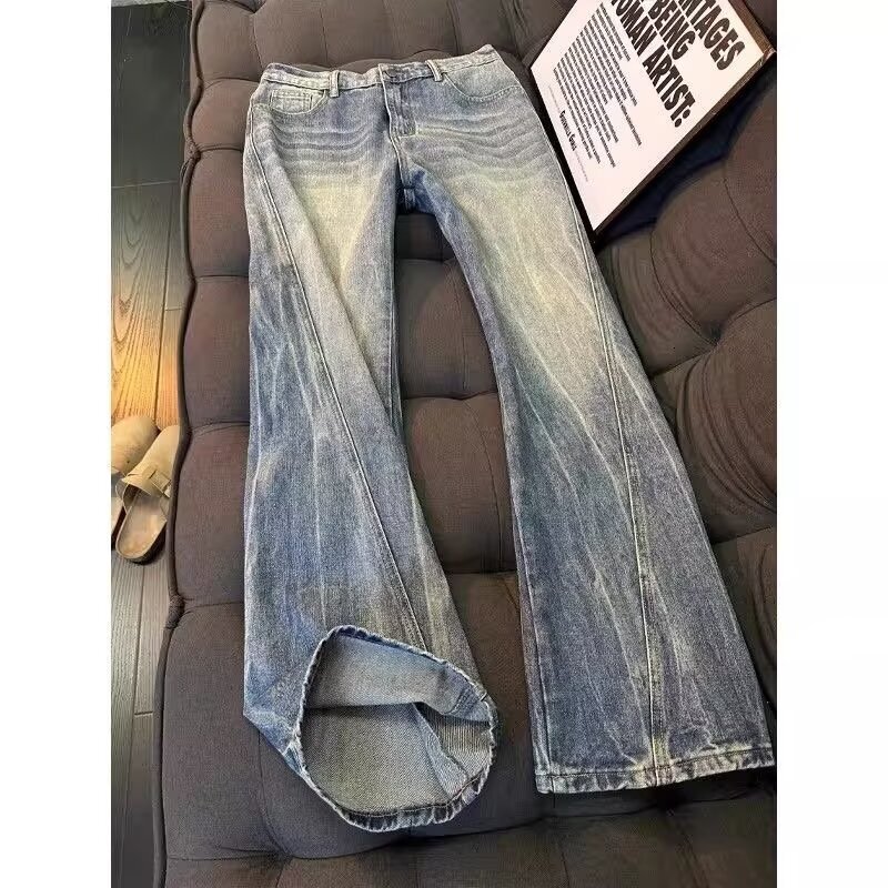 American High Street Washed Denim Men's Lightning Pattern Designer Luxury Designer T-shirt T-shirt Flared Pants New Spring And Autumn Loose Str