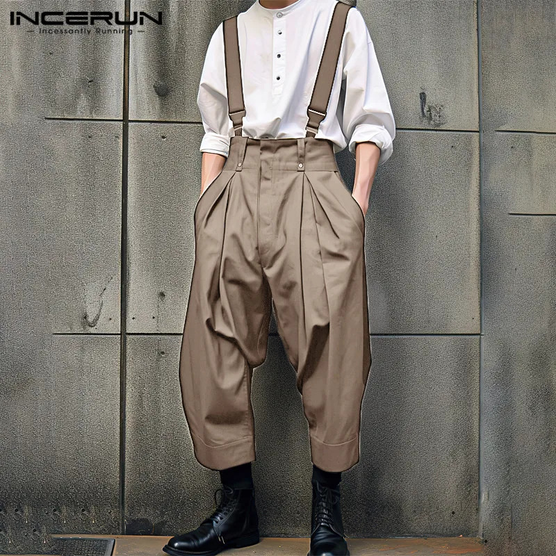 INCERUN Korean Style Mens Overalls Solid Color Casual Jumpsuits Stylish Streetwear Male All-match Simple Rompers S-5XL 260506