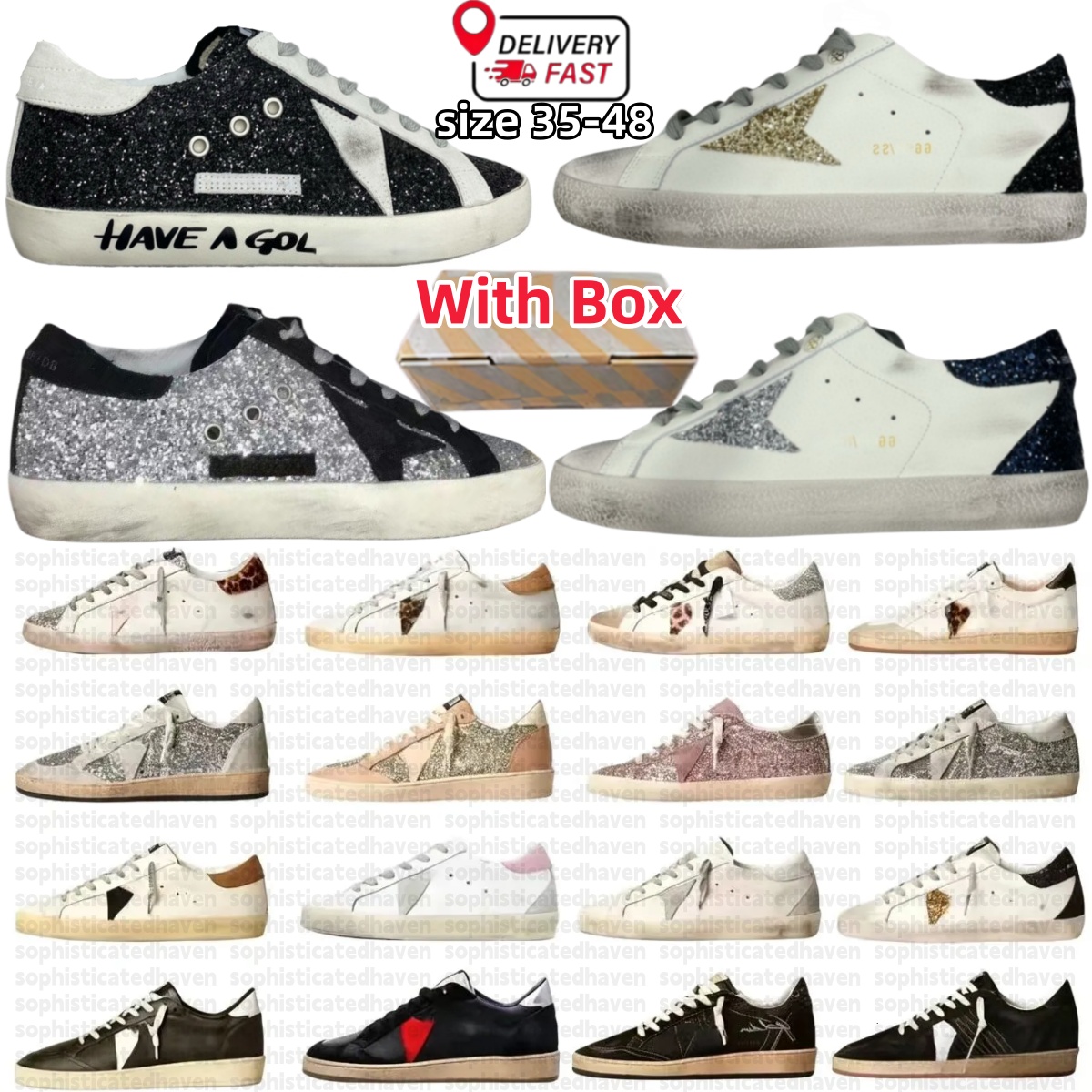 With box designer old shoe stars golden shoes Women sneakers Low top for women men super star suede sequined leopard print white doold dirty classic
