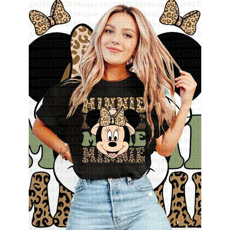 2026 Summer Minnie Mouse Leopard Bow Womens Men 100 Cotton Printed T-shirt Unisex Oversize Casual Couple Fashion To L260509ZMB3