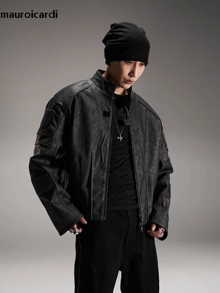 Mauroicardi Spring Autumn Cool Handsome Vintage Short Distressed Black Faux Leather Racer Jacket Men Shoulder Pads L260509