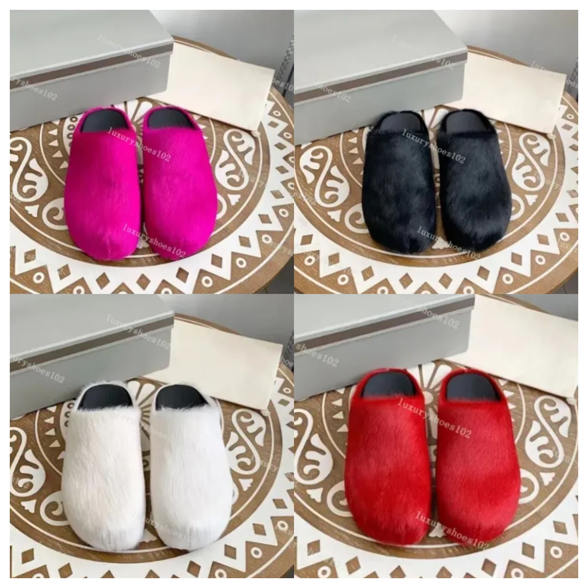 Designer Slipper Horse Hair Sandal Women Shoes Candy Color Slippers Men Rubber Slides Plush ShoeFur Slides Round Toe Loafers