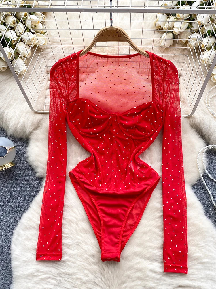 Women Red Mesh Jumpsuits Vintage Skinny Playsuits Harajuku Long Sleeve Square Collar Exotic Sexy Black Rompers Coquette Clothes 260506