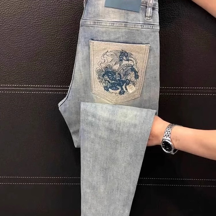 European High-end Designer T-shirt Men's Jeans New Luxury Designer T-shirt Autumn Stretch Casual Pants Light Luxury Fashion Embroidered Slim-fi