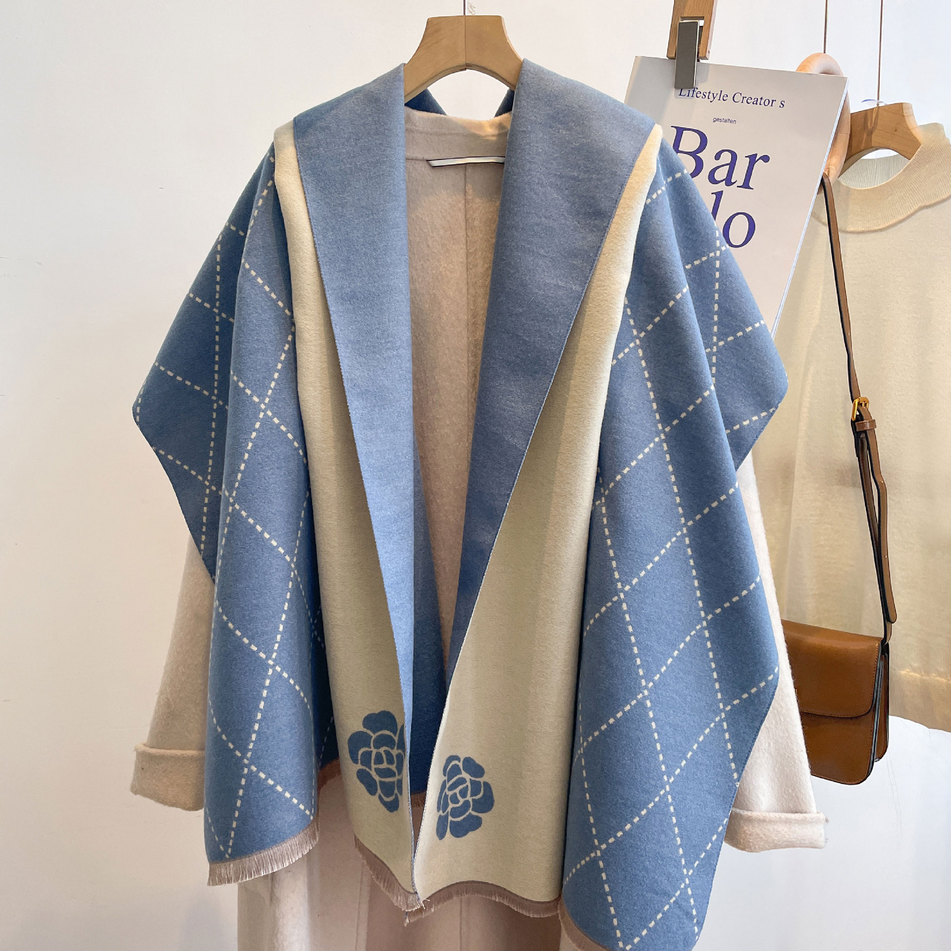 Autumn Winter New Double-Sided Imitation Cashmere Warm Camellia Scarf for Women, European and American Thickened Neck Warmer Shawl, Popular Outerwea