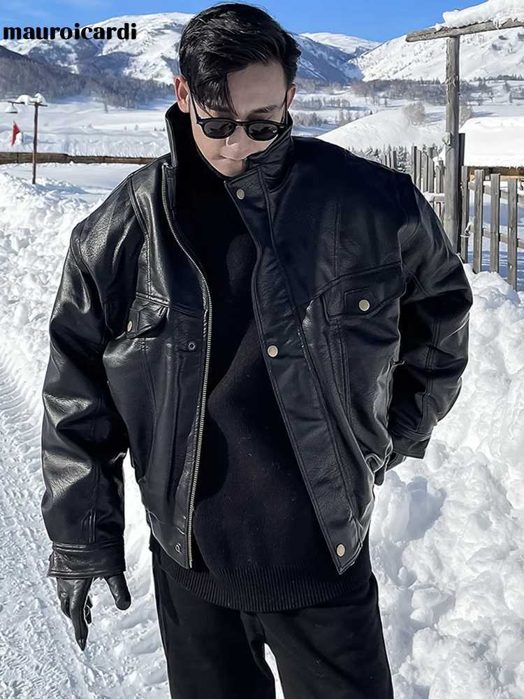 Mauroicardi Autumn Winter Waterproof Windproof Oversized Thickened Warm Black Faux Leather Jacket Men Zip Up Casual Cool Fashion L260509