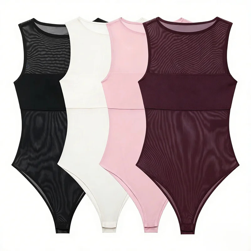 2026 Summer Womens Jumpsuit Solid Color Sleeveless Spliced Mesh Sexy See-Through Slim Jumpsuit Trendy Fashion 260506